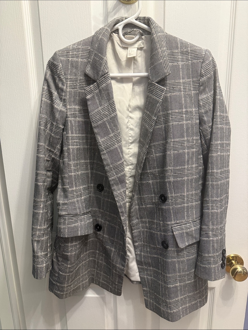 H&M Gray Plaid Double-Breasted Suit Jacket